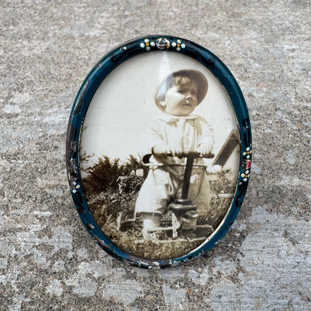 Antique Miniature Daguerreotype? Photo of a Baby On Tricycle Oval Metal Framed